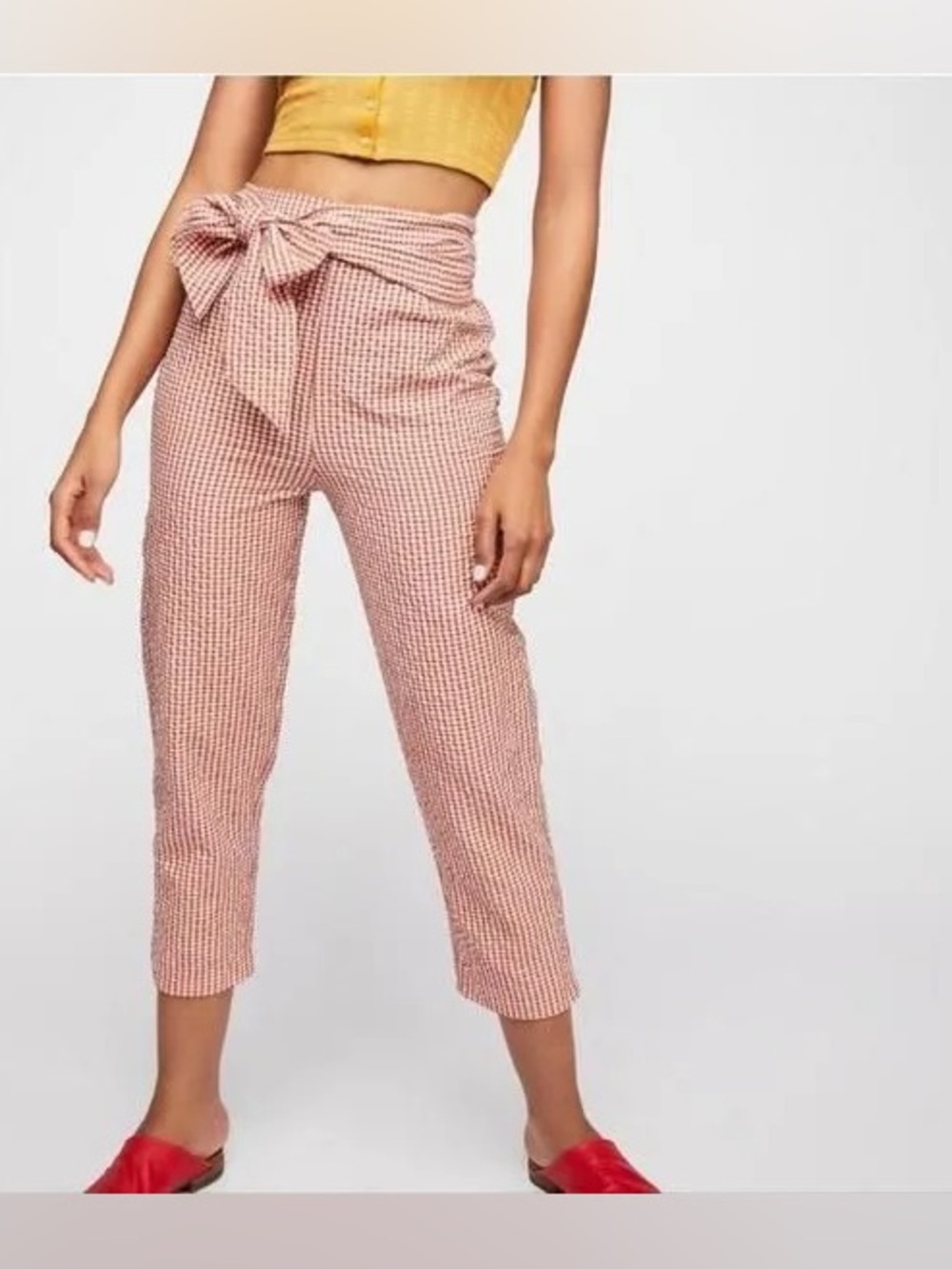 Free People West Side High-Waisted Gingham Tie-Belt Crop Pants
